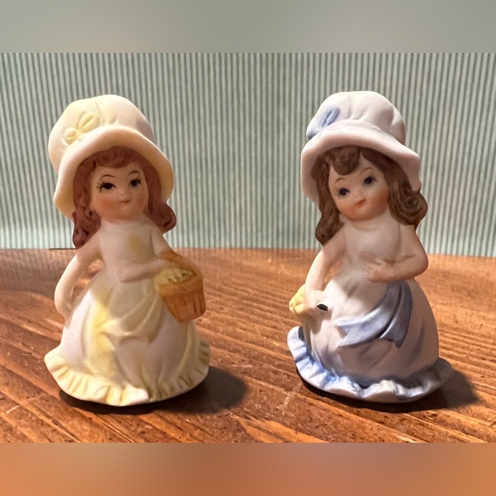 Vintage Set of 2 Girl Spring Time Figures Brown Hair Cottage Core Kitschy